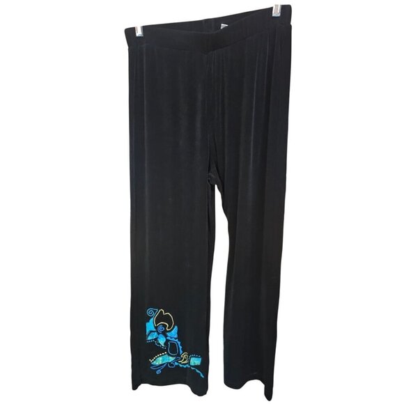 Chicos Travelers Black Wide-Leg Pants W/ Blue Embroidery CHICOs Size 1; Reg 8 - Picture 1 of 5